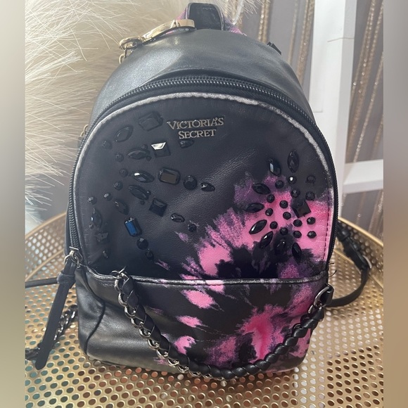 PINK Victoria's Secret Handbags - Victoria’s Secret Sparkle Small City Backpack Black Floral Tie-dye Preloved.